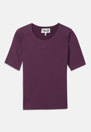 Purple ribbed t-shirt with a round neckline, short sleeves, and a subtle “BP” logo in matching thread on the chest.