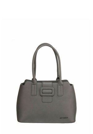 Sac à main en cuir gris avec une forme structurée, des doubles poignées et une boucle rectangulaire proéminente sur le devant. Texture lisse.