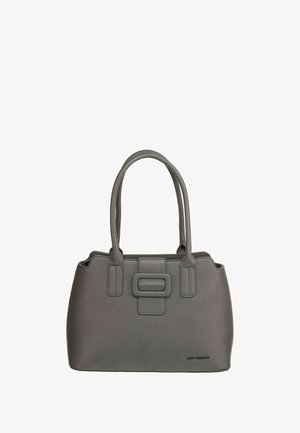 Sac à main en cuir gris avec une forme structurée, des doubles poignées et une boucle rectangulaire proéminente sur le devant. Texture lisse.