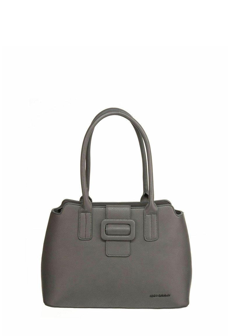 Sac à main en cuir gris avec une forme structurée, des doubles poignées et une boucle rectangulaire proéminente sur le devant. Texture lisse.