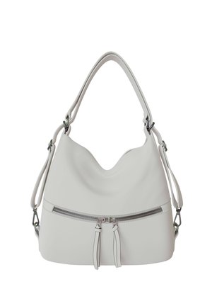 White leather handbag with a single shoulder strap, a horizontal zipper pocket on the front, and additional adjustable side straps.
