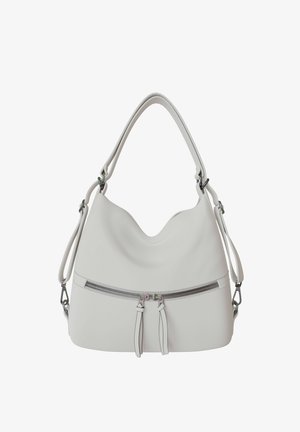 White leather handbag with a single shoulder strap, a horizontal zipper pocket on the front, and additional adjustable side straps.