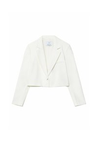 Blazer blanc court avec un col cranté, une fermeture à un bouton et une poche avant. Confectionné en tissu texturé avec des manches longues.