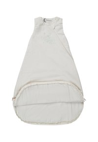 Baumwoll-Schlafsack für Babys in Creme, mit einem Frontreißverschluss und einer Fuchsstickerei. Weiche, glatte Textur mit abgerundeten Kanten und einem gemütlichen Innenraum.