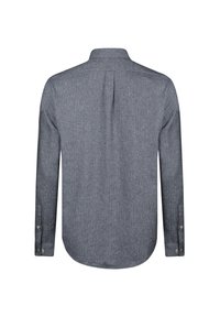 Langarmshirt van donkergrijze stof, met een button-down kraag, subtiele textuur en knoopmanchetten. Ronde zoom aan de onderkant.