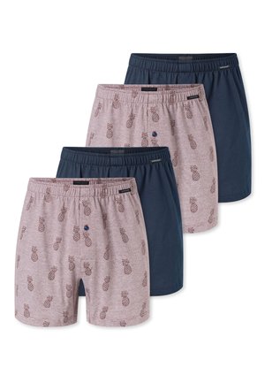 Sæt med fire boksershorts til mænd med elastik i taljen, to i ensfarvet mørkeblå og to i lysegrå med brune ananasmønstre.