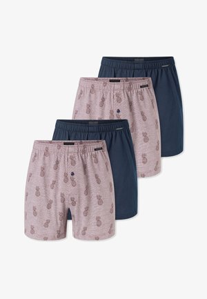 Sæt med fire boksershorts til mænd med elastik i taljen, to i ensfarvet mørkeblå og to i lysegrå med brune ananasmønstre.
