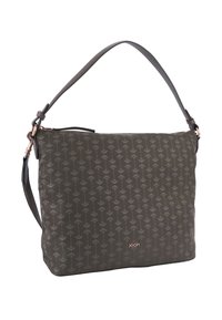 Grå axelväska med blommönster, tillverkad av slitstarkt material. Har en enkel rem och en diskret logotyp fram.