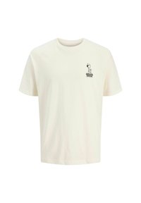 Lyse creamfarvet bomulds T-shirt med korte ærmer, udstyret med en lille sort grafik af en figur og teksten "BRAKE BROS" på brystet.