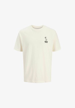 Világos krém színű pamut póló rövid ujjakkal, melyen egy kis fekete grafika látható egy szereplőről és a "BRAKE BROS" felirat a mellkason.