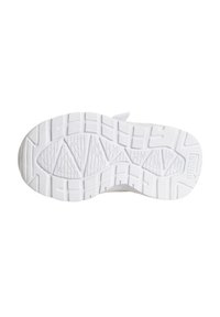 Suola di sneaker in gomma bianca con un motivo di presa testurizzato, caratterizzata da design angolari e curvi per garantire trazione. Presenta bordi lisci e un dettaglio del logo.
