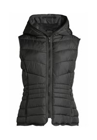 Zwarte mouwloze gewatteerde puffer vest met een frontzipper, capuchon en twee met rits sluitende zijzakken, ontworpen voor warmte en casual gebruik.