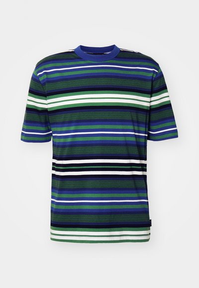 T-skjorte med korte ermer i bomullsblanding, med horisontale striper i grønt, blått, hvitt og svart. Klassisk rund hals-design.