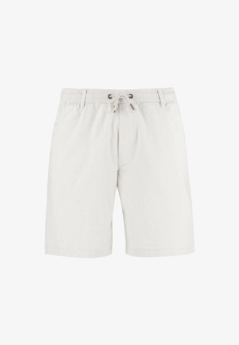 Shorts con cintura elástica blanca, cierre con cordón y bolsillos laterales, de longitud hasta la rodilla, estilo casual.