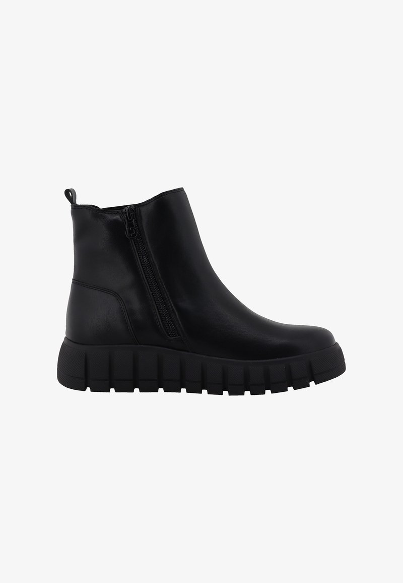 Bottine noire à cheville avec fermeture éclair latérale, semelle épaisse à relief, languette au talon, finition lisse et bout arrondi.