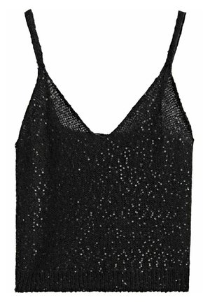 Schwarzes, gestricktes Camisole mit dünnen Trägern und einem schimmernden Pailletten-Design. Der Stoff hat eine weiche Textur und eine körpernahe Passform.