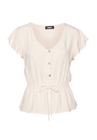 Blusa rosa chiaro in un tessuto morbido, con scollatura a V, maniche svolazzanti, bottoni frontali e vita cintrata con cordino.