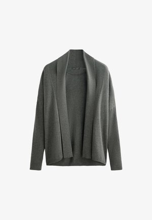 Cardigan gris à l'avant ouvert, à manches longues, avec une texture côtelée aux poignets et à l'ourlet. Fabriqué en un tissu tricoté doux.