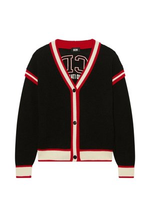 Cardigan nero con rifiniture rosse e bianche, chiusura con bottoni, dettagli a righe sulle maniche e sull'orlo, caratterizzato da una scollatura a V e texture a maglia a costine.