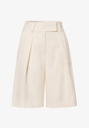 Cremfarbene maßgeschneiderte Shorts mit hoher Taille, gefaltetem Vorderteil und glattem Stoff. Mit breiten, cropped Beinen.