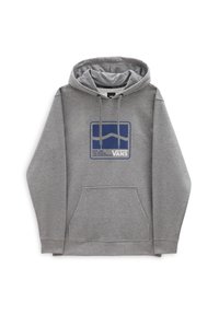 Felpa grigia con cappuccio in misto cotone, con tasca a marsupio frontale e logo grafico blu sul petto. Coulisse arrotondate sul cappuccio.