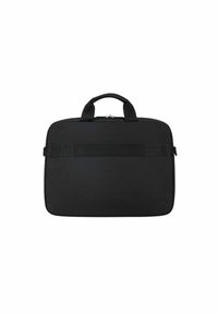 Borsa per laptop nera con forma rettangolare, realizzata in tessuto liscio. Presenta due manici robusti e una fascia orizzontale sul davanti.