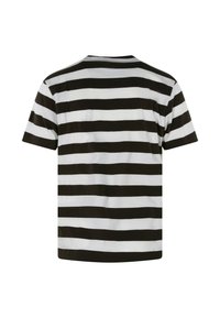 T-shirt en coton présentant des rayures horizontales noires et blanches, manches courtes et col rond. Le design met l'accent sur la simplicité et le contraste.