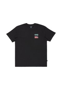 Czarny t-shirt z krótkim rękawem z małym kolorowym graficznym wzorem fal i napisem "Billabong" na lewej piersi.