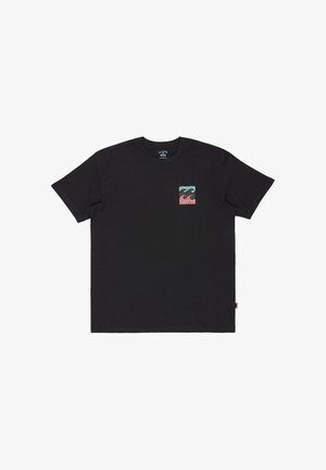 Black short-sleeve t-shirt with a small colorful graphic of waves and "Billabong" text on the left chest.