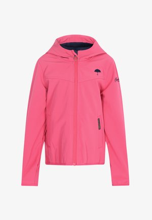 Roosa kapuutsiga jakk, millel on luku sulgemine, sinised aktsendid ja vihmavarju embleem rinnal. Valmistatud kergest, siledast materjalist.