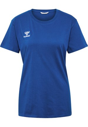 Niebieska bawełniana koszulka z okrągłym dekoltem i krótkimi rękawami. Posiada białe logo na lewej piersi. Gładka struktura, klasyczny krój.