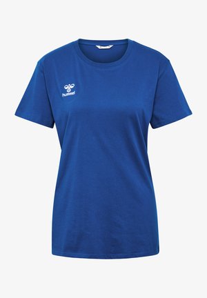 T-shirt en coton bleu avec un col rond et des manches courtes. Présente un logo blanc sur la zone gauche de la poitrine. Texture lisse, coupe classique.
