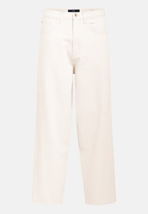 Light beige wide-leg jeans in cotton denim with a high waist, five-pocket design, and a single front button closure.