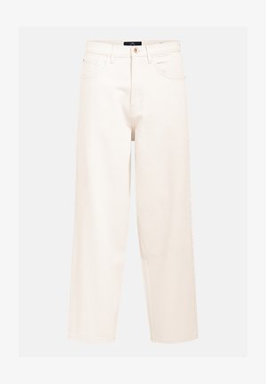 Vaaleanbeige leveälahkeiset farkut puuvilladenimistä, joissa on korkea vyötärö, viisi taskua ja yksi etupainike.