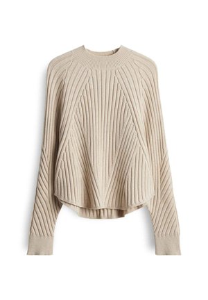 Maglione beige a coste con maniche lunghe, scollatura a girocollo e motivi geometrici diagonali e verticali sul davanti e sulle maniche.