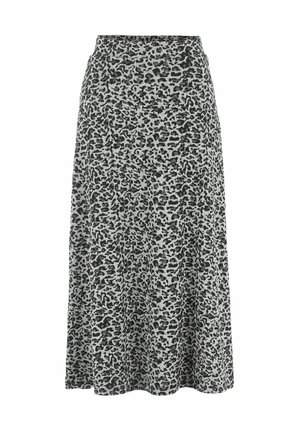 Rok mit grau-schwarzem Leopardenmuster, hergestellt aus einem weichen, dehnbaren Stoff. Verfügt über eine hohe Taille und ein ausgestelltes Design mit einer glatten Textur.