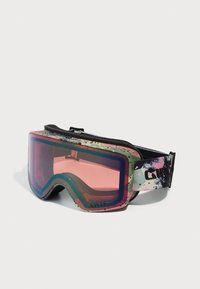 Slidiniai akiniai su daugiaspalviu, taškinio rašto rėmu, rožiniais lęšiais ir juodu reguliuojamu dirželiu, užtikrinančiu saugų prigludimą.