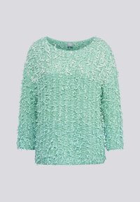 Minzgrüner Pullover mit einem strukturierten, fransigen Design. Mit Rundhalsausschnitt und dreiviertellangen Ärmeln, aus weichem Material gefertigt.