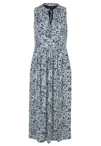 Kukallinen maksimekko, jossa on olkaimeton muotoilu, tummalla taustalla sinivalkoisia kuvioita, kerätty vyötärö ja solmittava kaula-aukko.