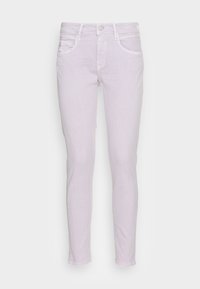 Jeans skinny de lavanda clara feitos de denim, com design de cinco bolsos, passantes para cinto e fecho de correr com botão.