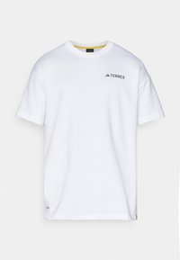 White short-sleeve t-shirt made of cotton. Features a black "TERREX" logo on the upper left chest and a yellow inner collar.