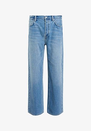 Light blue wide-leg jeans made of denim with a faded finish. Features five pockets and a button closure at the waistband.