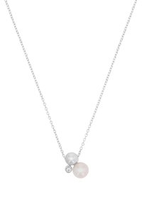 Collana in argento con due perle—una grigia e una rosa—accompagnata da un piccolo diamante. Design semplice ed elegante con forme rotonde.
