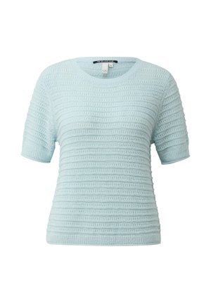 Maglione azzurro chiaro a maniche corte, lavorato a maglia con righe orizzontali strutturate e scollo rotondo.