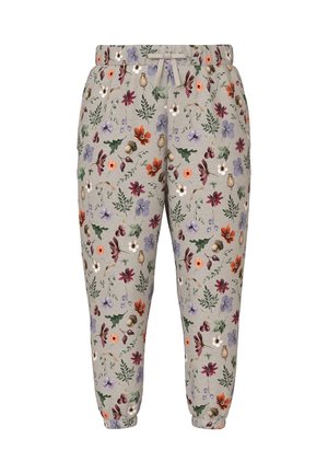 Jogging gris clair à cordon de serrage avec poignets élastiques, arborant un motif floral et feuillage multicolore en violet, orange, vert et blanc.