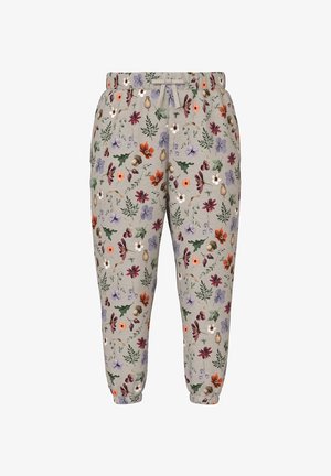 Jogging gris clair à cordon de serrage avec poignets élastiques, arborant un motif floral et feuillage multicolore en violet, orange, vert et blanc.