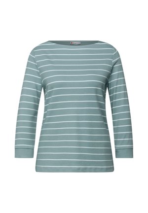 T-shirt à manches longues en turquoise clair avec des rayures blanches horizontales, doté d'un col rond et d'un tissu doux et extensible. Design simple et décontracté.