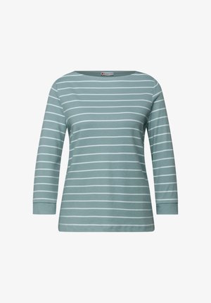 Langärmliges Oberteil in hellem Türkis mit horizontalen weißen Streifen, runder Ausschnitt und aus weichem, dehnbarem Stoff. Einfaches und lässiges Design.