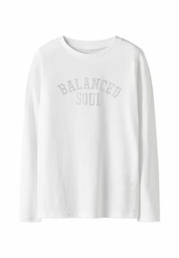 Biała, długosleeve koszula z napisem "BALANCED SOUL" wydrukowanym krojem w kropki na klatce piersiowej. Wykonana z miękkiej bawełny, z okrągłym dekoltem.