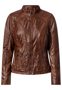 Braune Lederjacke mit Stehkragen, Frontreißverschluss und gesteppten Akzenten an den Schultern. Verfügt über zwei seitliche Reißverschlusstaschen und maßgeschneiderte Nähte.